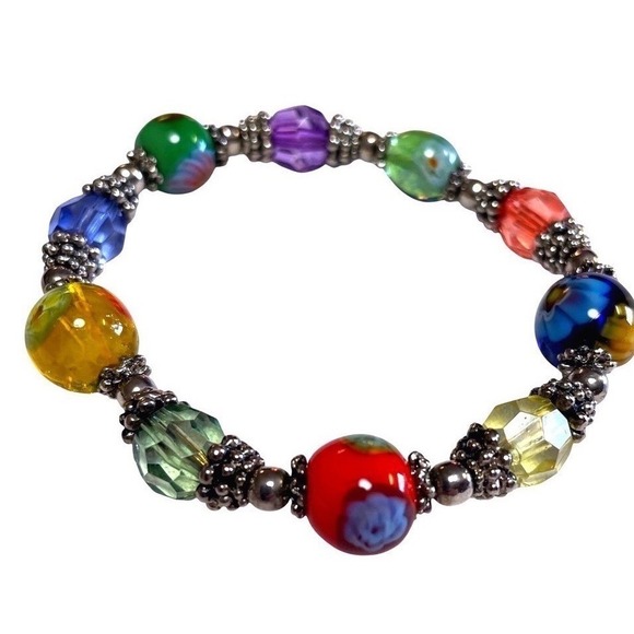 Beaded Stretch Bracelet One Size Multicolor Glass Lampwork Boho Style - Picture 2 of 14